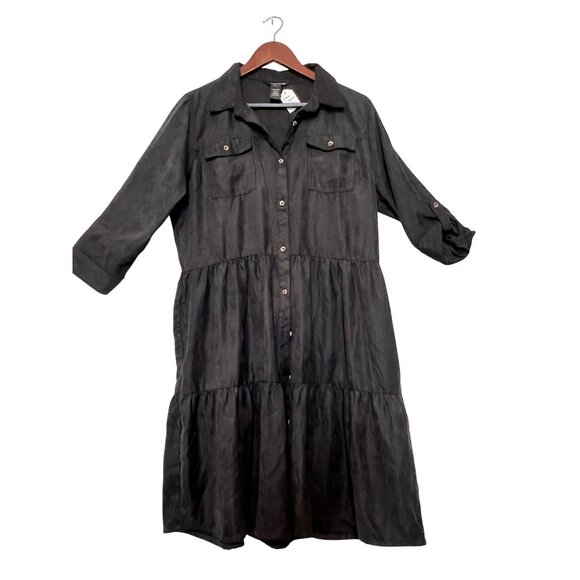 Millennium Dresses & Skirts - XL Black Midi Button-Up Dress Rolled Sleeves Pockets Millennium Casual Boho